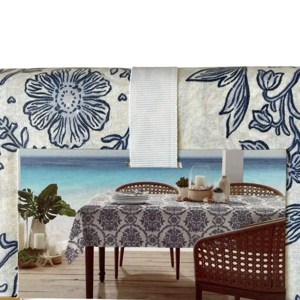 Lillian August Floral Easy Care Indoor Outdoor Tablecloth 60x120 Blue White NEW